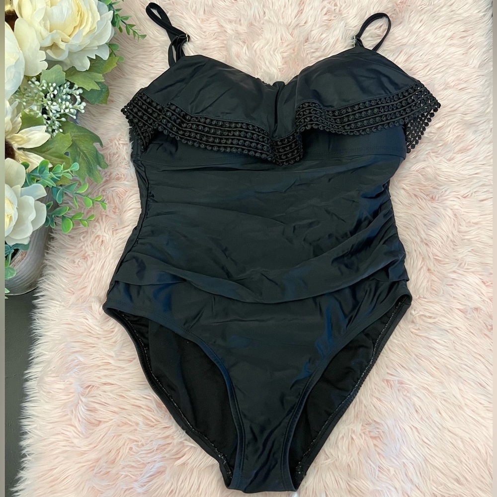 Kona Sol Solid Black Ruffle One Piece Swim Suit Sz L Beach Cruise Resort